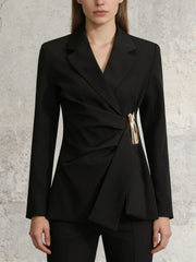 Notched Lapel Metallic Decor Ruched Asymmetrical Blazer