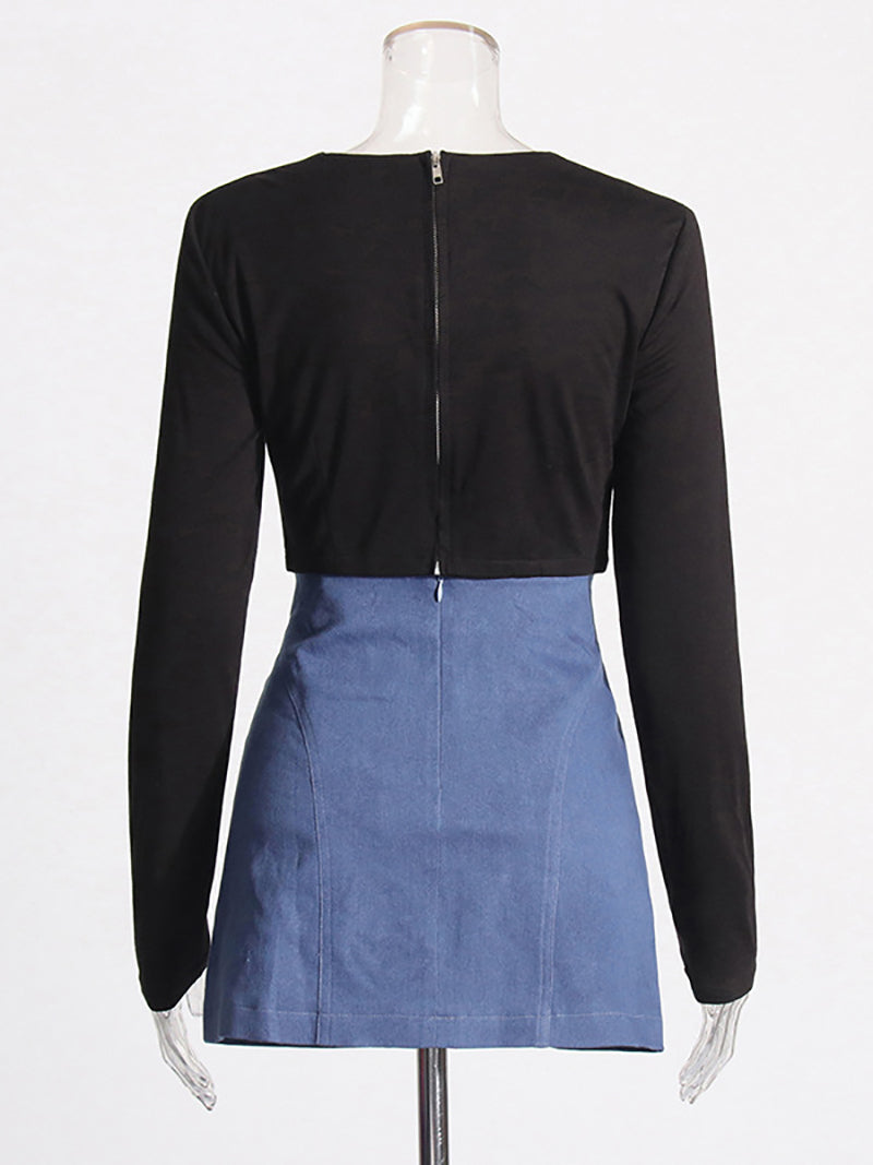 Fashion Denim Patchwork Hollow Top And Skirt Sets