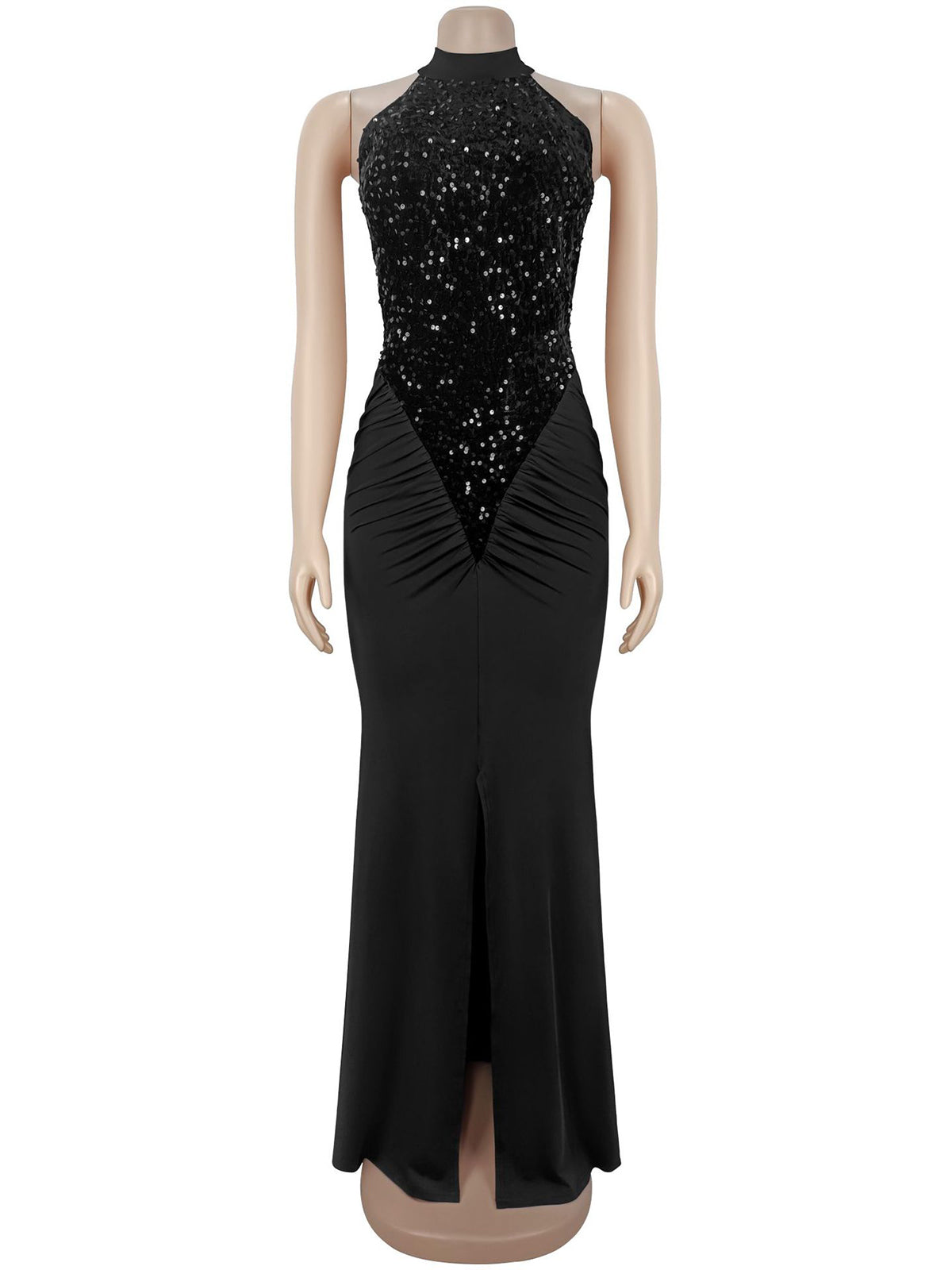 Elegant Sequin Ruffles Maxi Halter Dress