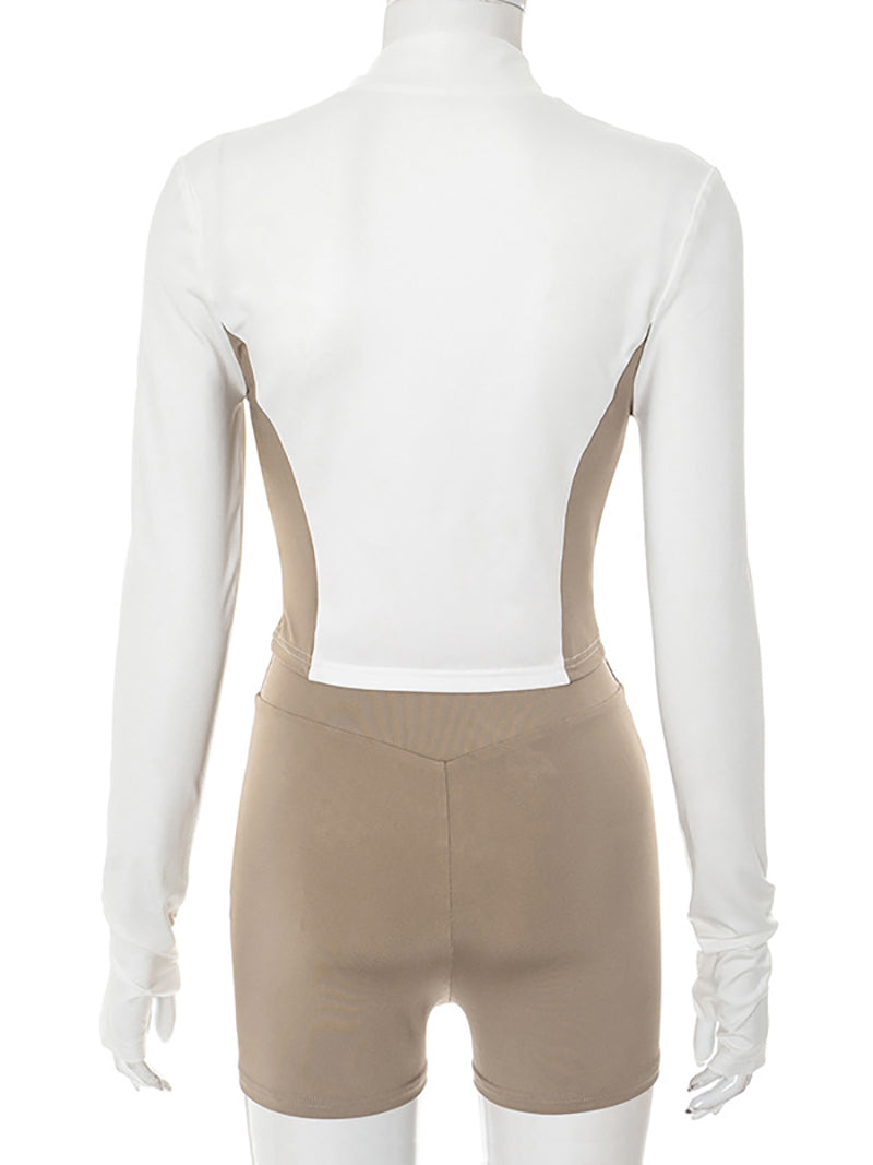 Stand Collar Contrast Color Slim Top Skinny Shorts Sets