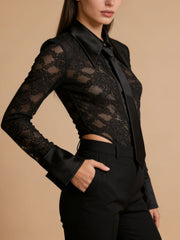 Sexy Long Sleeve Sheer Lace Bodysuit