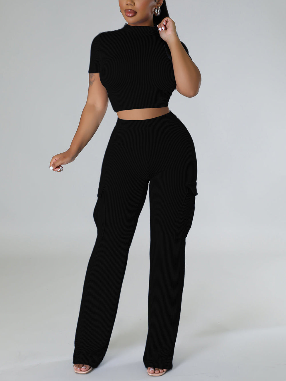 Solid Short Sleeve Top Wide-leg Pants Two-Piece Set