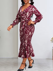 Fashion V Neck Print Fishtail Wrap Dress