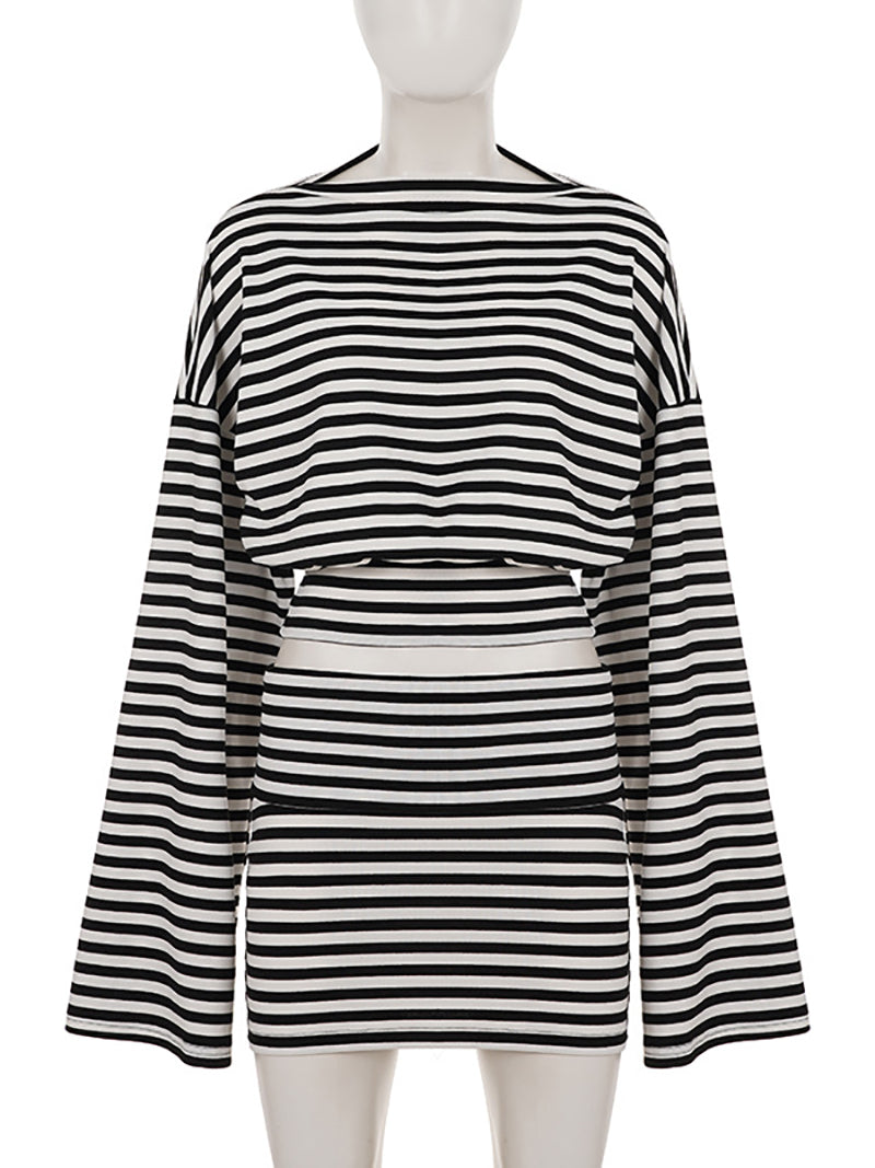 Striped Batwing Sleeve Top And Package Hip Skirt Sets