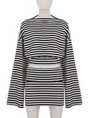 Striped Batwing Sleeve Top And Package Hip Skirt Sets