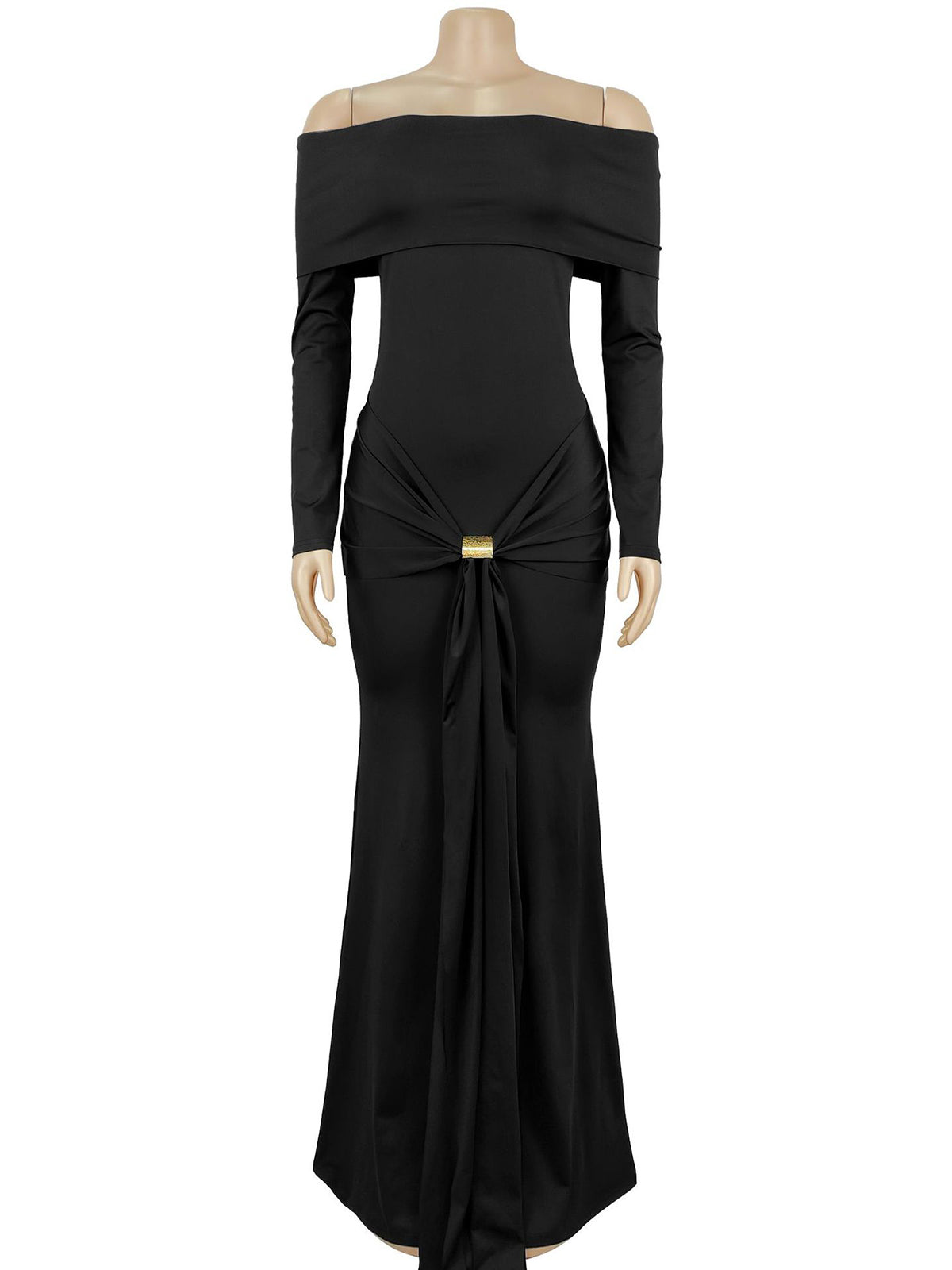 Elegant Off Shoulder Long Sleeve Draped Maxi Dress