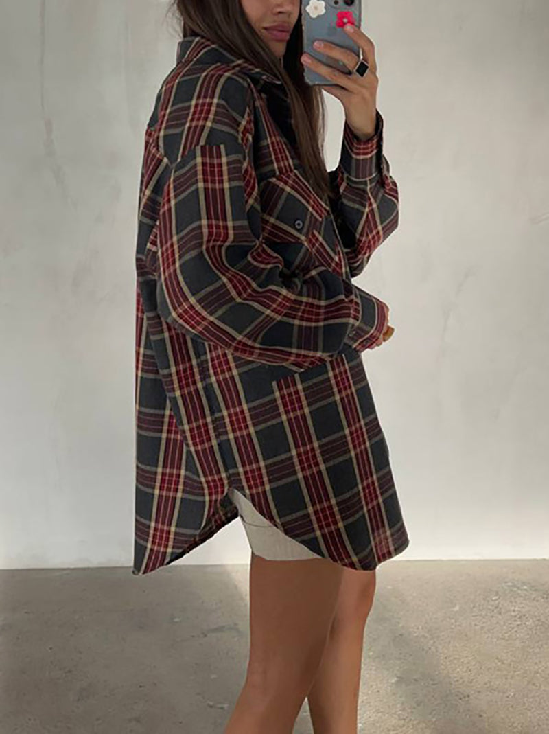 Vintage Lapel Loose Oversize Plaid Shirt