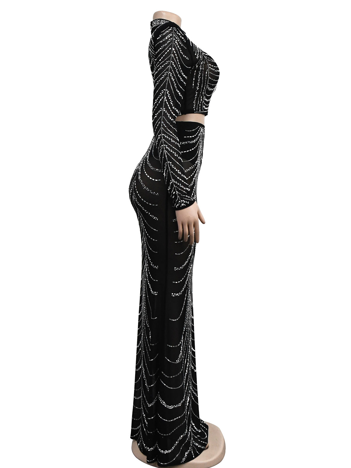 Rhinestones See-through Long Sleeve Maxi Skirt Set