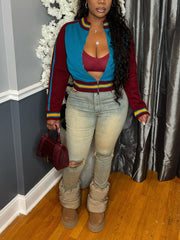 Round Collar Print Knit Cardigan Sweater