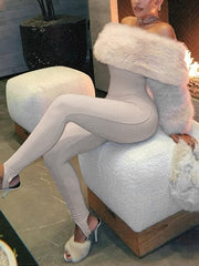 Sexy Off Shoulder Fur Trim Jumpsuit