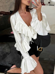 Fashion V-Neck Lace-up Ruffle Blouses