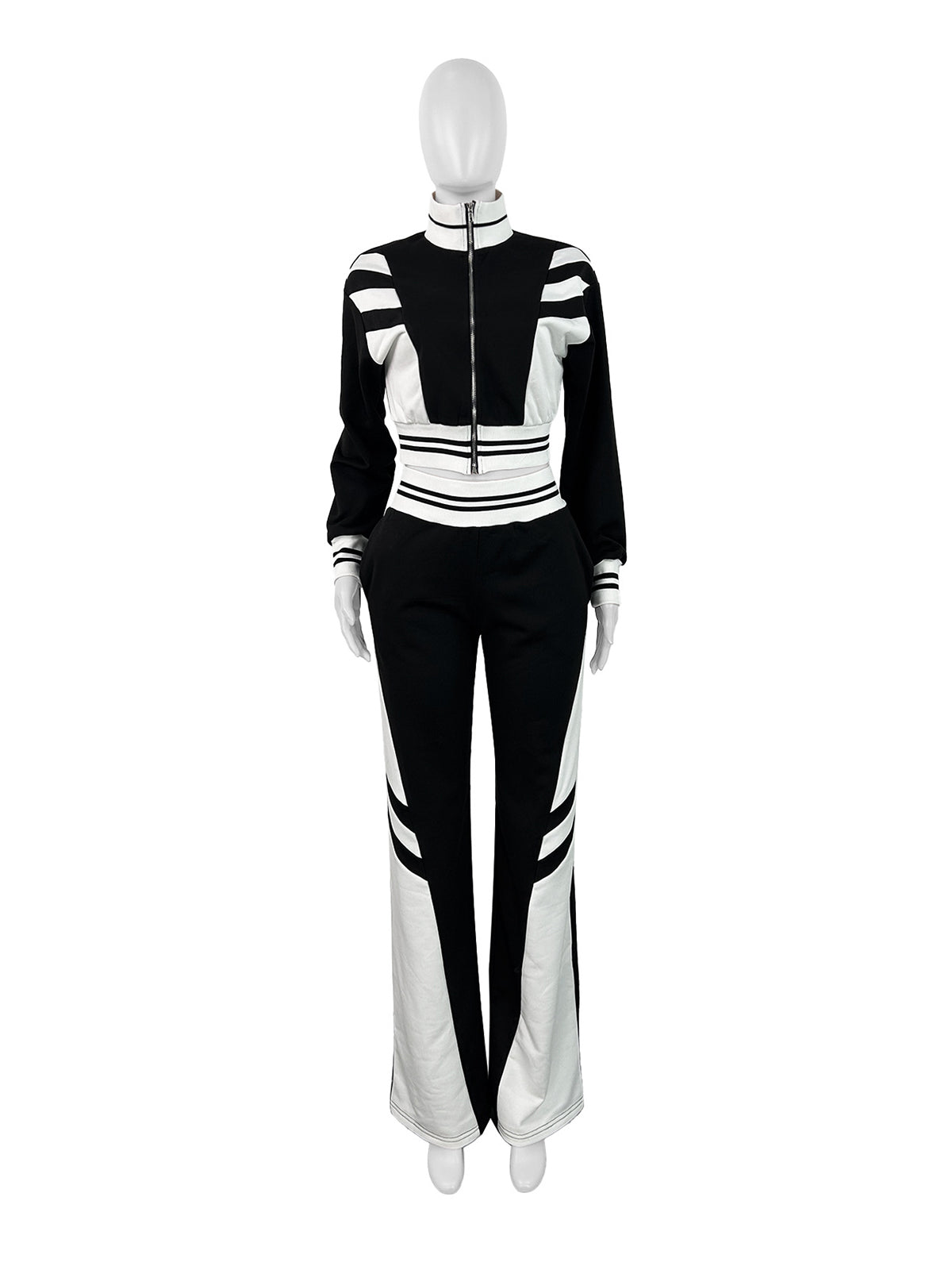 Color Block Patchwork Sweatshirt Flared Pants Set