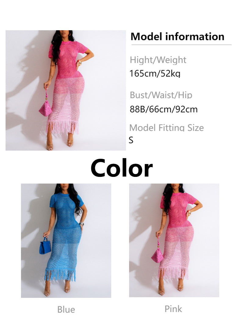 Sexy Knit Tassels Gradient Color Beach Long Dress