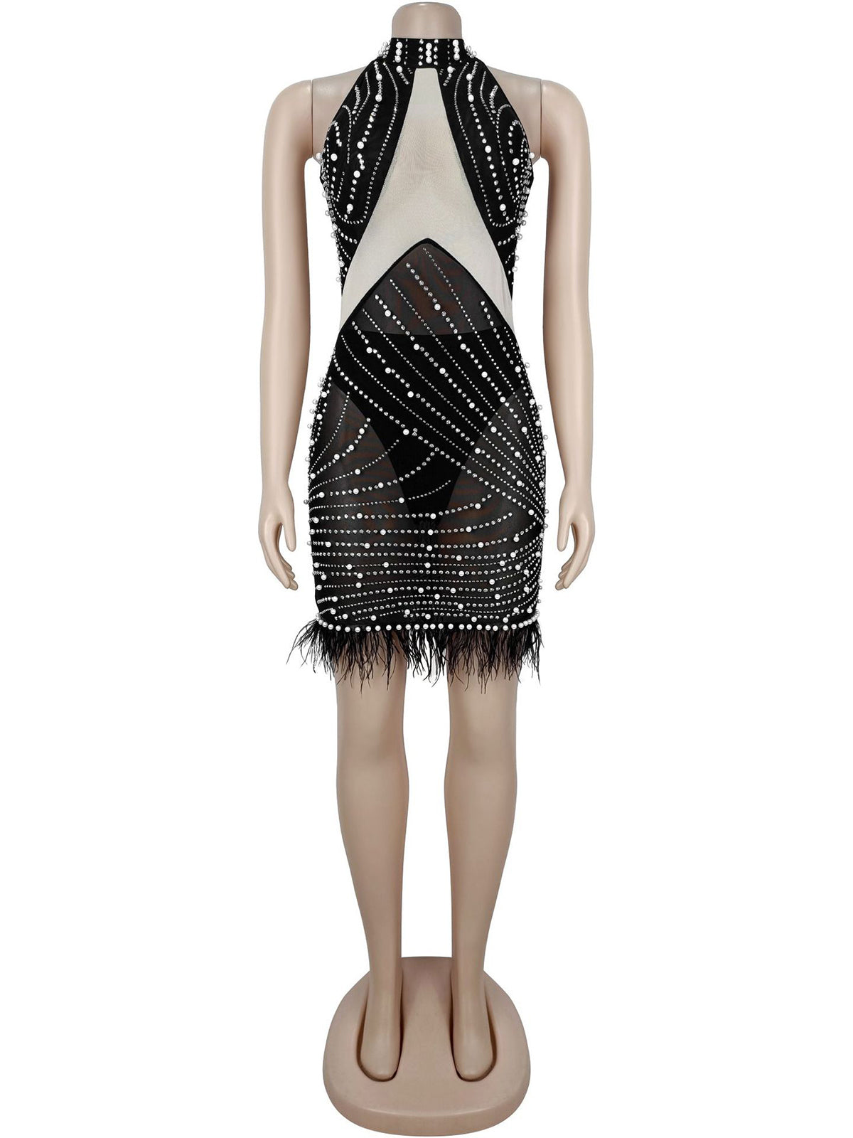 Sexy Mesh Sleeveless Rhinestones Feather Mini Dress