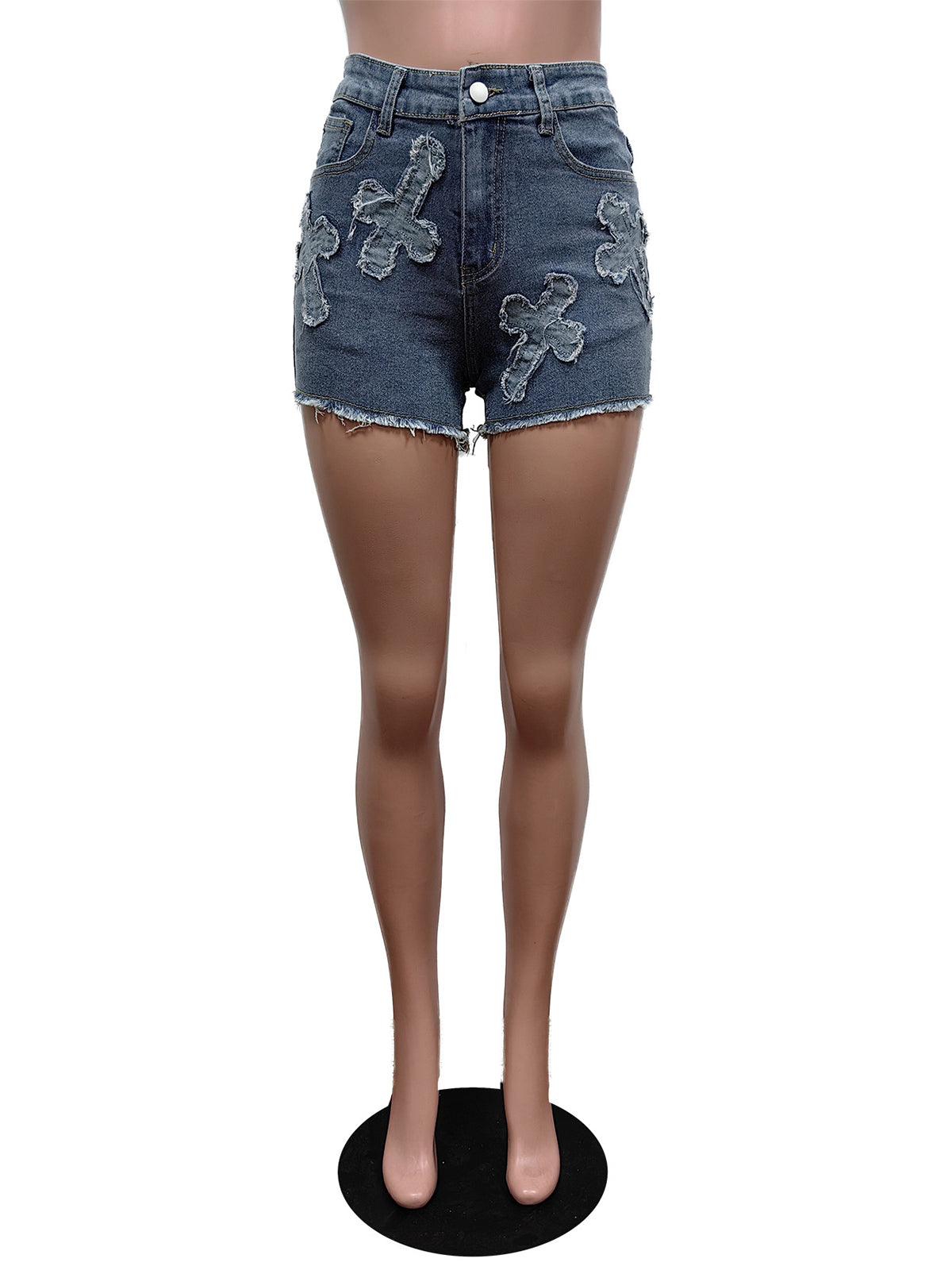 Casual Embroider Elastic Denim Shorts