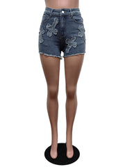 Casual Embroider Elastic Denim Shorts