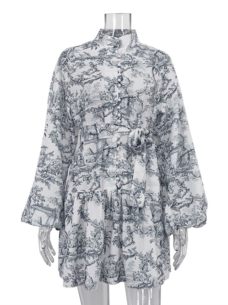 Stand-up Collar Ink-And-Wash Print Casual Dress