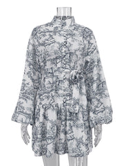 Stand-up Collar Ink-And-Wash Print Casual Dress