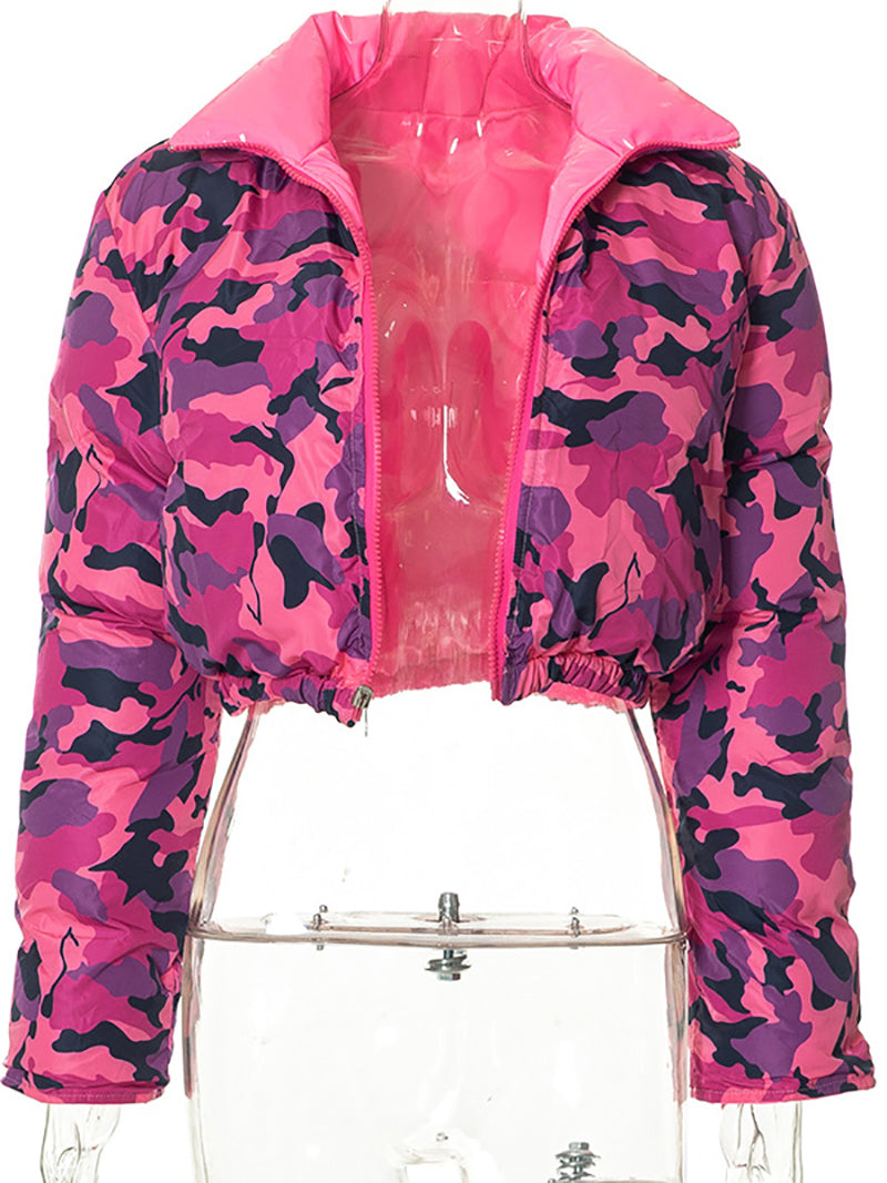 Camouflage Print Lapel Neck Zip Up Jacket