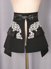 High Waist Rhinestone Belted Mini Skirts