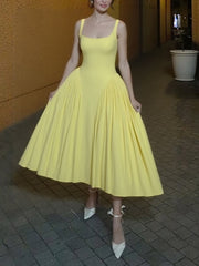 Elegant Sleeveless Square Neck Slim Pleated Midi Dress