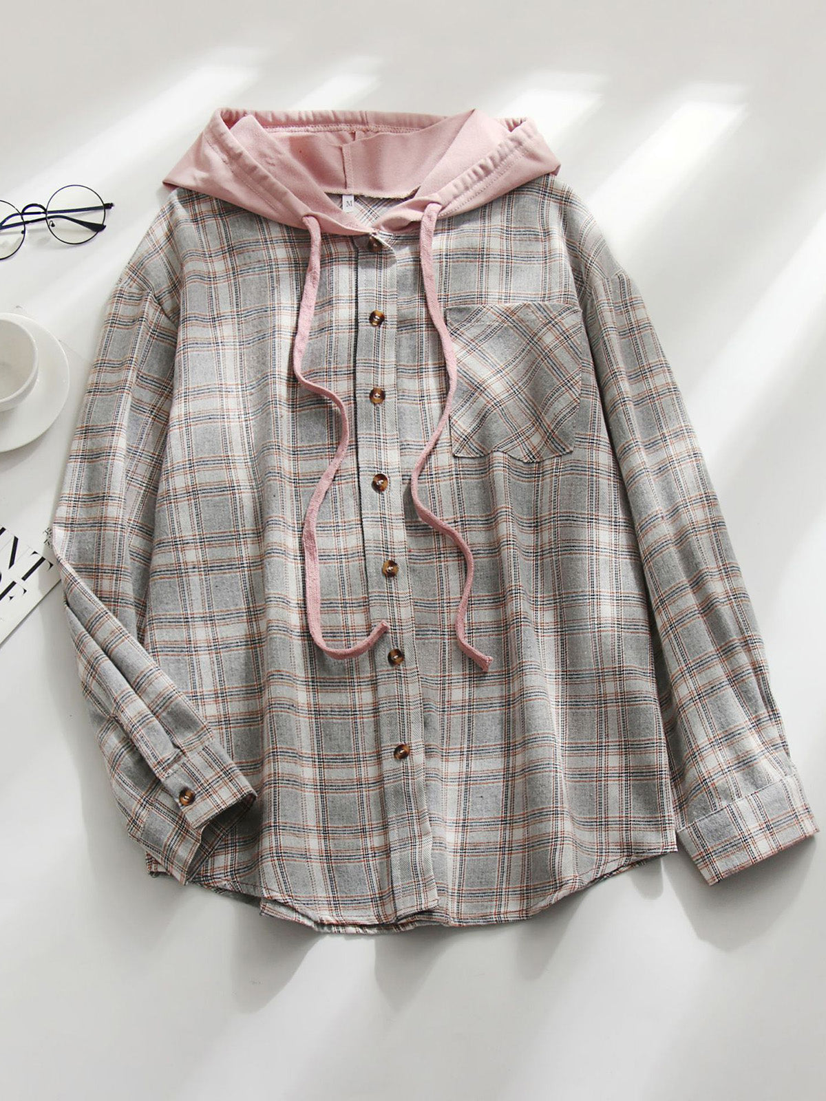 Casual Plaid Hooded Drawstring Button Down Shirt