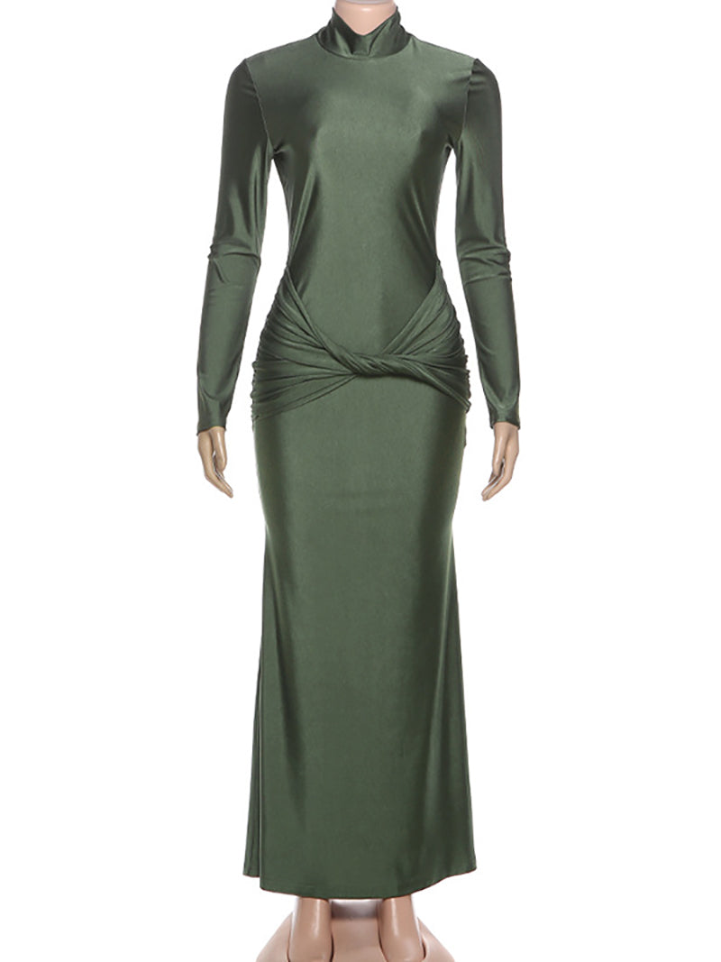 Elegant Ruched Long Sleeve Bodycon Maxi Dress
