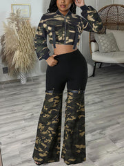 Camouflage Cropped Jacket And Pants Denim Set