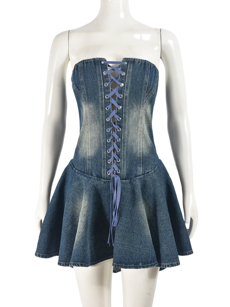 Fashion Lace-Up Strapless Denim Mini Dress