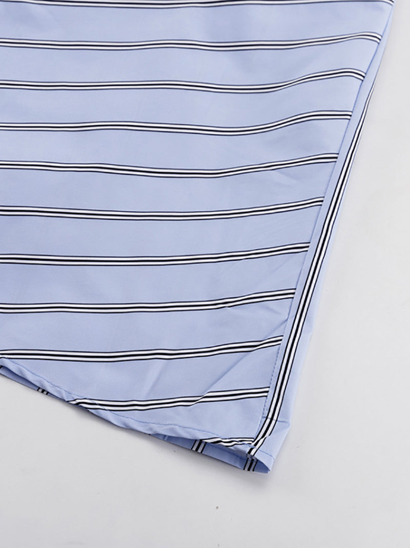 Casual Stripe O-neck Lace-Up Top Long Skirt Set