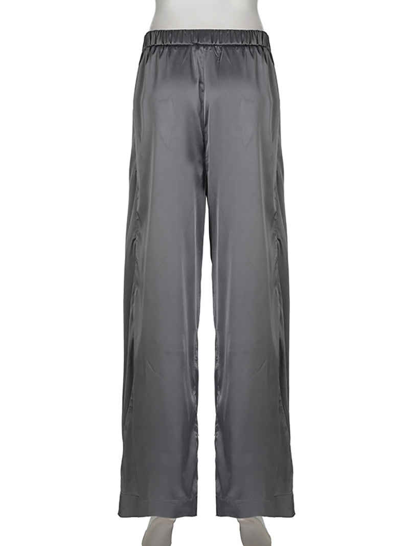 High Rise Plain Satin Loose-Fit Wide-Leg Pants