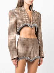 Spliced Rhinestone Cropped Blazer And Mini Skirt Sets