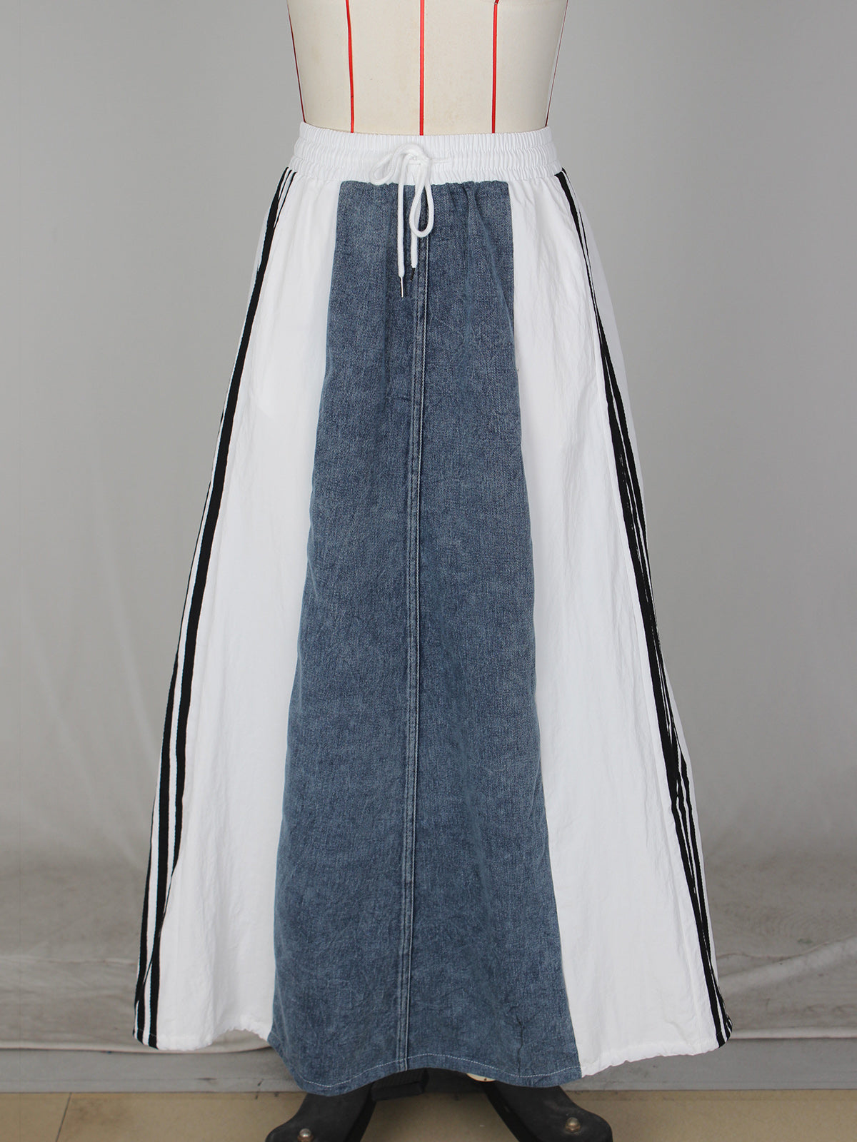 Retro Denim Patchwork Stripes Loose Skirt