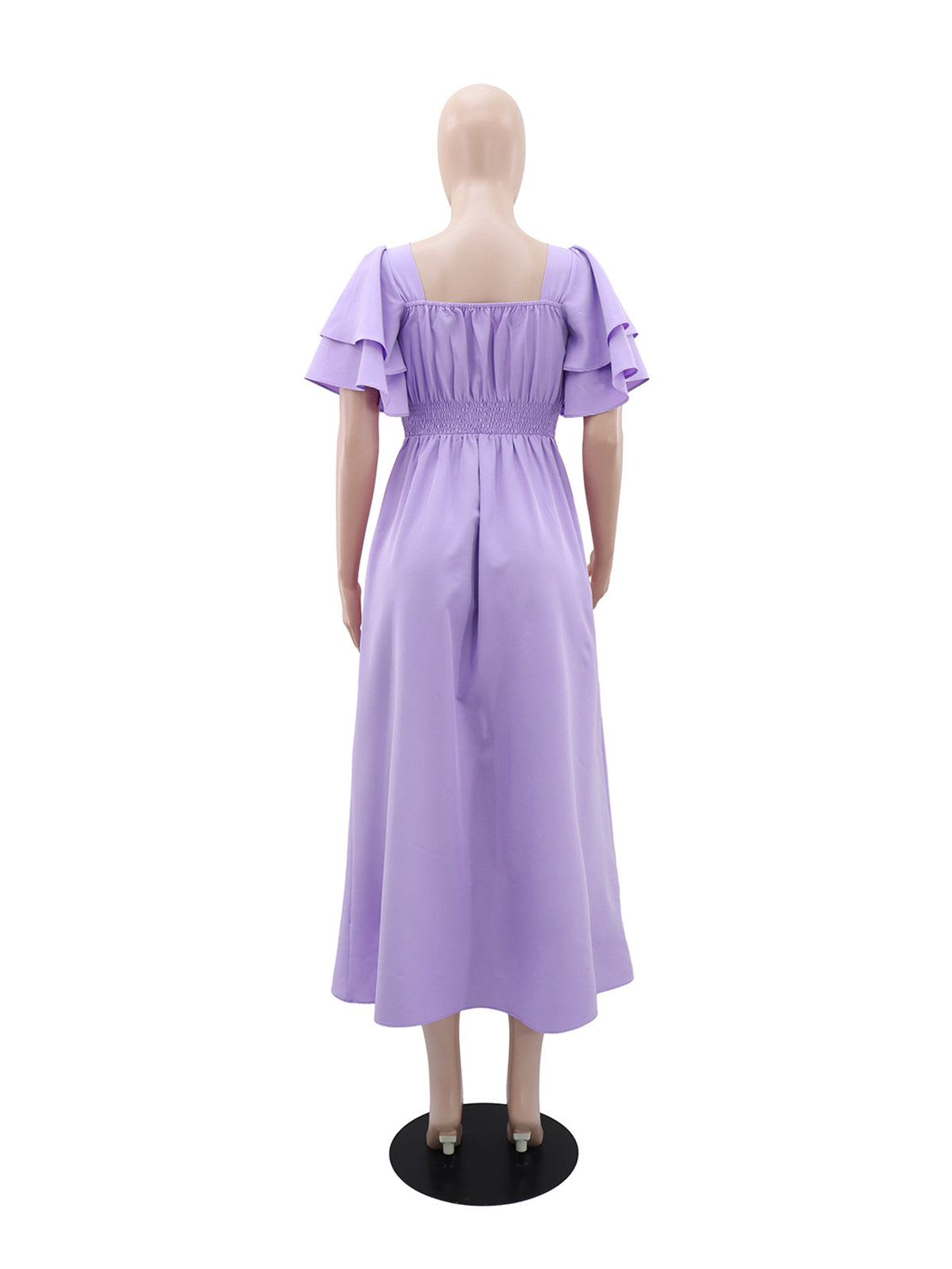 Casual Square Collar Ruffles Sleeve Cinched Waist Dress