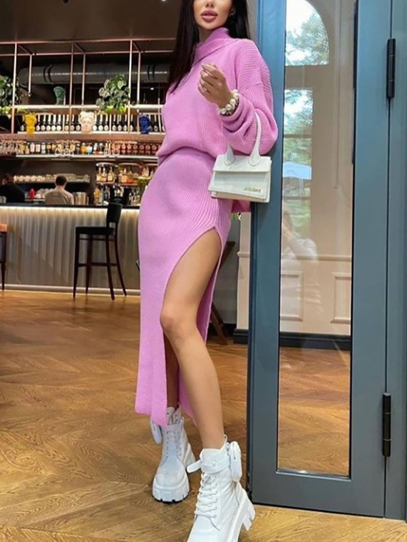 Fashion Turtleneck Pullover Top Slit Skirt Set