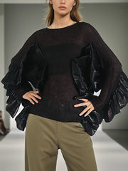 Round Collar Ruffle Patchwork Knitwear