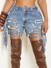 High Waist Side Tassel Ripped Denim Shorts