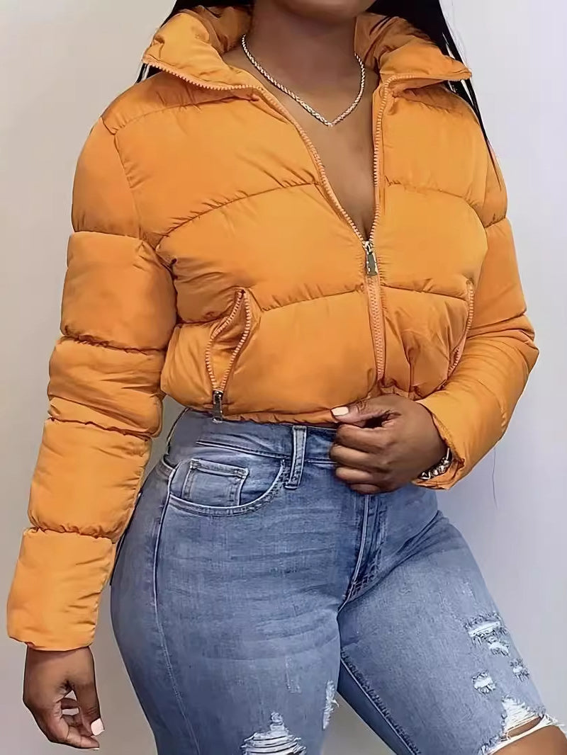 Solid Color Casual Cropped Puffer Jacket