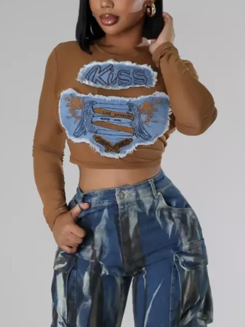 Sexy Sheer Mesh Denim Patchwork Slim T shirt