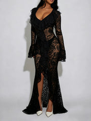 Sexy Floral Lace See Through Ruffled Maxi Dress
