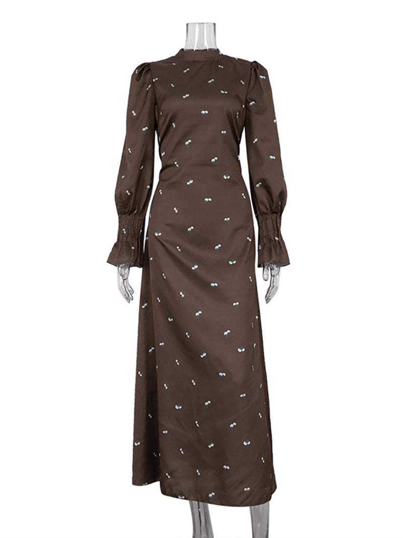 Printed Bell Sleeves Waist Draped Satin Maxi Dress