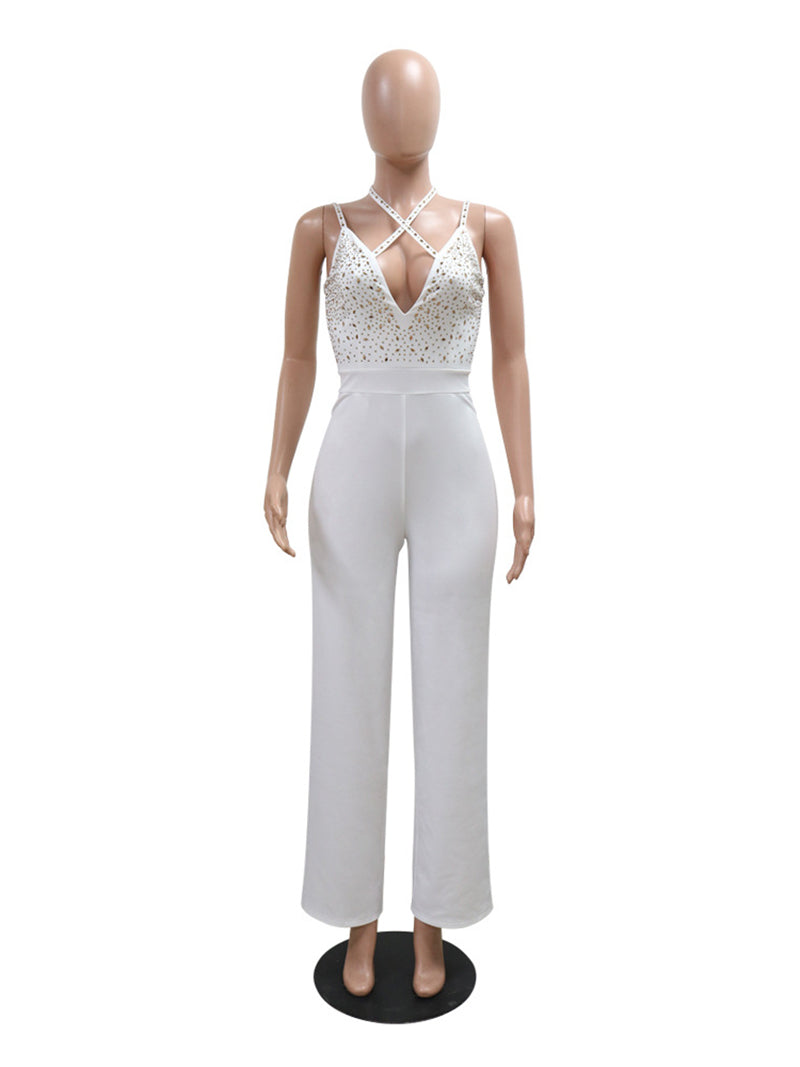 Rhinestone Sleeveless Backless Hollow Out Jumpsuit