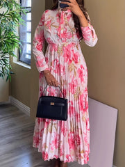 Elegant Print O Neck Long Sleeve Pleated Dress