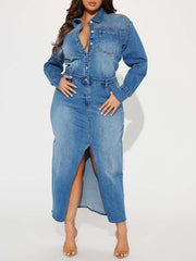 Solid Patchwork Turndown Collar High Waist Denim Dress