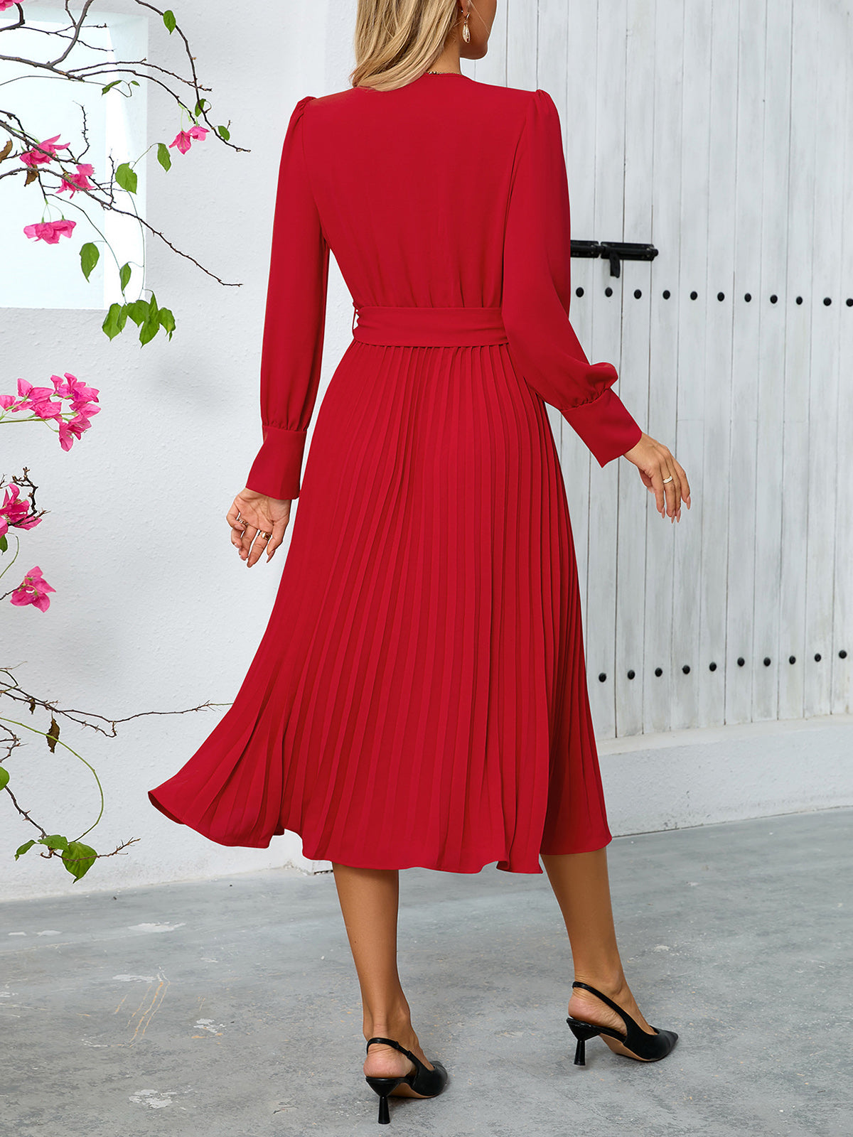 Graceful V-Neck Long Sleeve Belted Midi Dress