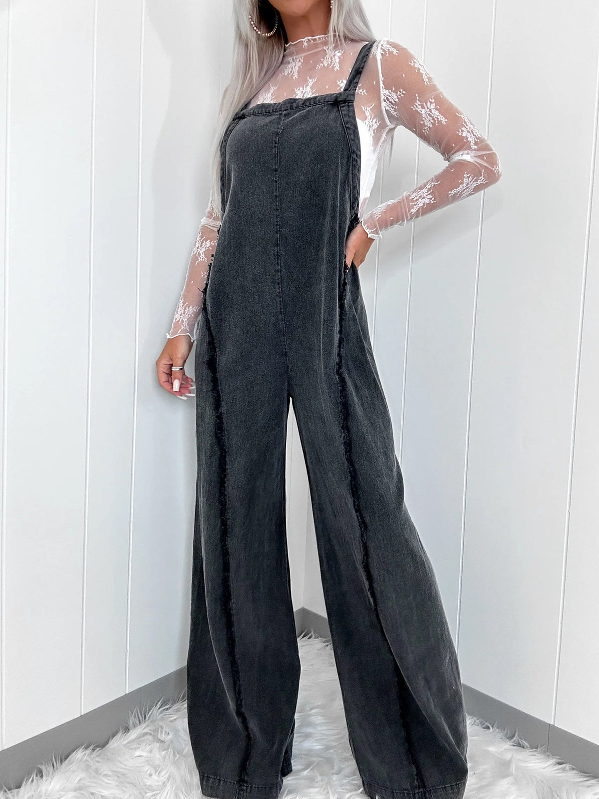 Vintage Washed Raw Edge Wide Legs Overalls Jumpsuit