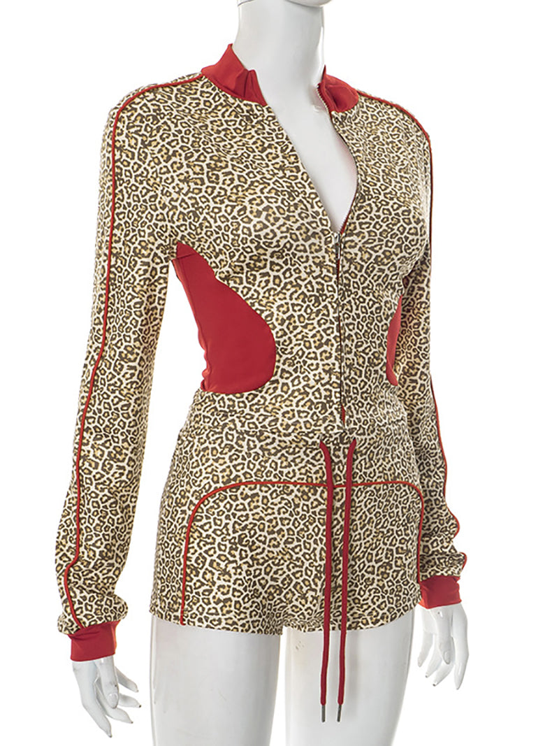 Casual Leopard Print Zipper Top Drawstring Shorts Sets