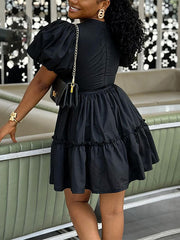 Solid Color Hollow Out Ruched Patchwork A-Line Dress