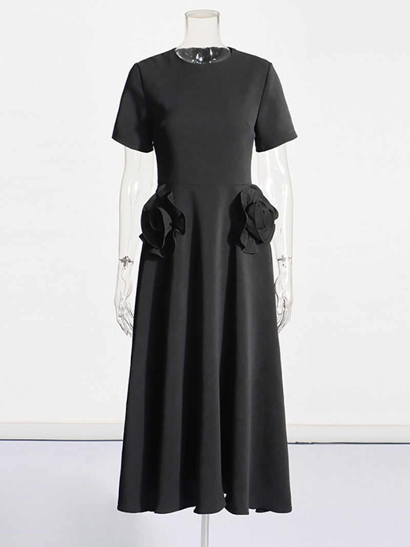 Elegant Floral Applique Short Sleeves Midi Dress