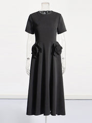 Elegant Floral Applique Short Sleeves Midi Dress